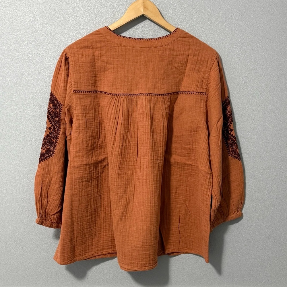 J. Jill Terracotta Cotton Gauze Blouse with Embroidered Sleeves - Picture 4 of 9